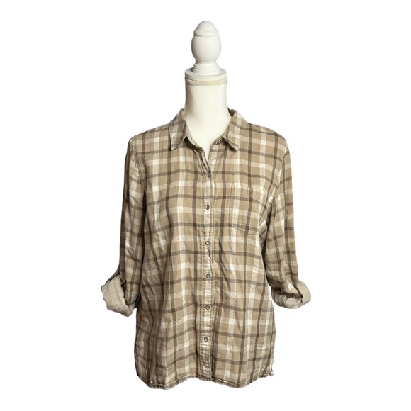 J Jill Size M Cotton Plaid Flannel Long Sleeve Button Up Roll Tab Neutral Tan - Picture 1 of 12